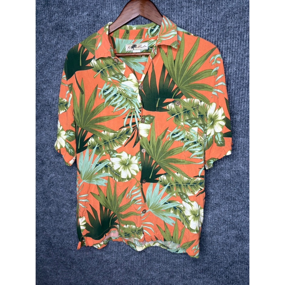 Joe Marlin Mens Medium Orange Tropical Floral Palm Rayon Button Down Shirt